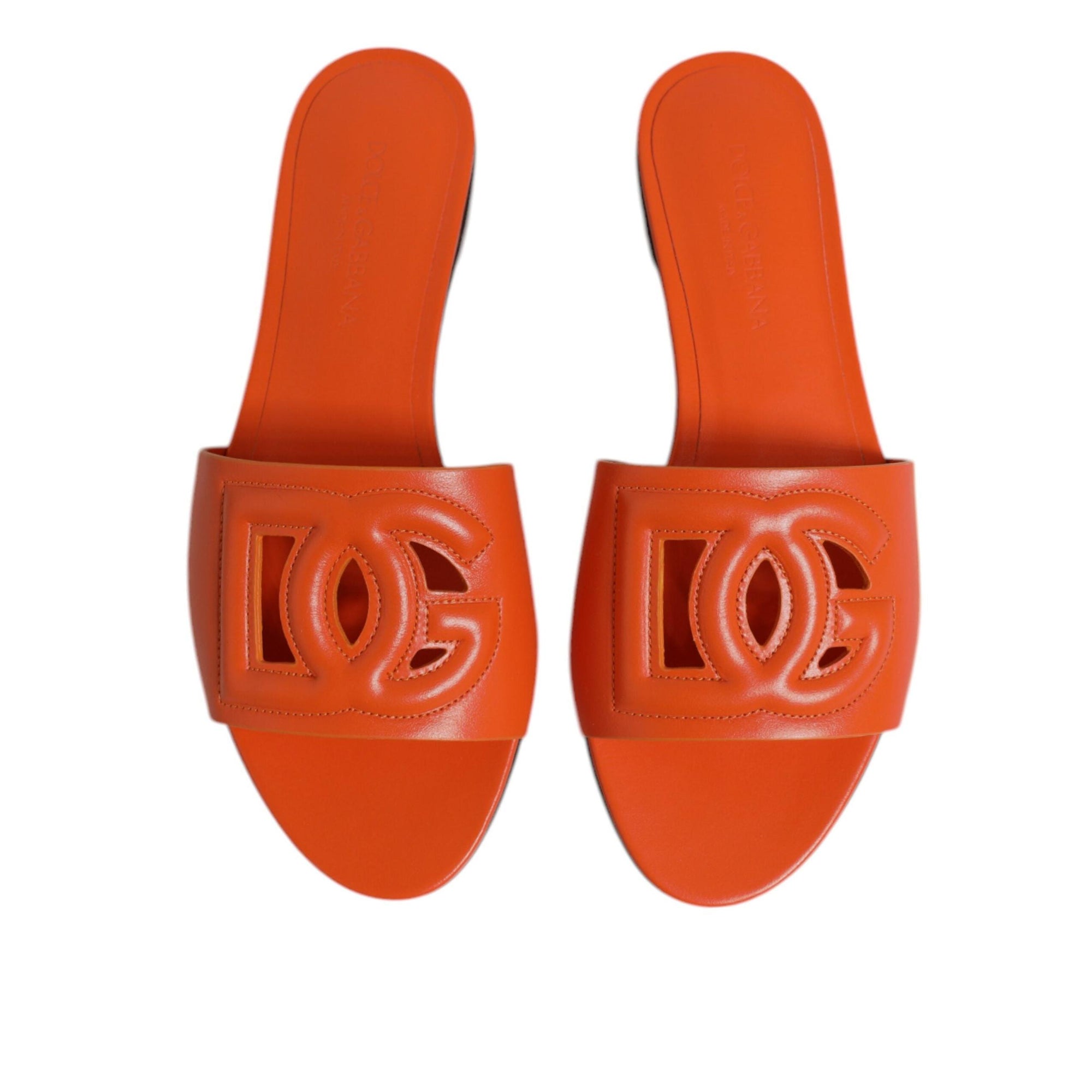 Dolce &amp; Gabbana Orange Leather Logo Flats Sandals Shoes