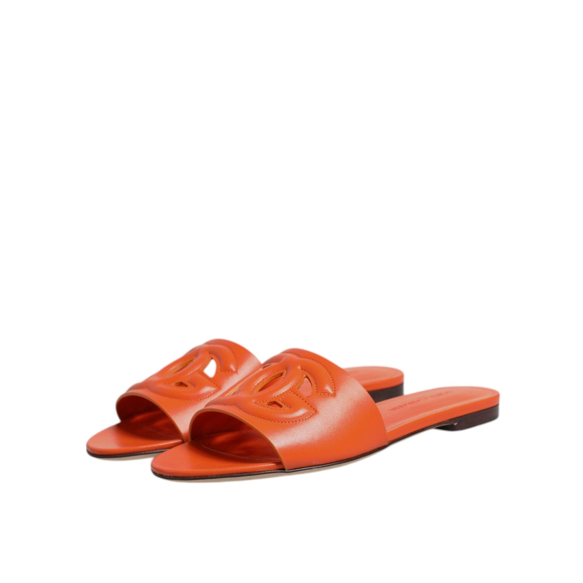 Dolce &amp; Gabbana Orange Leather Logo Flats Sandals Shoes