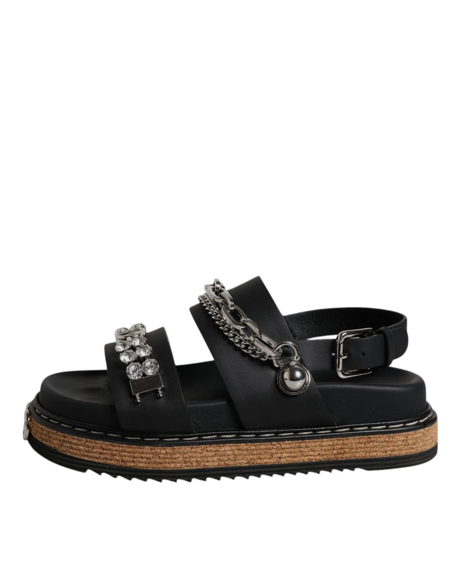 Dolce & Gabbana Black Crystal Embellish Strap Sandals Shoes