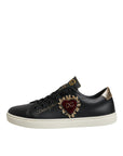 Dolce & Gabbana Black Leather Gold Red Heart Sneakers Shoes