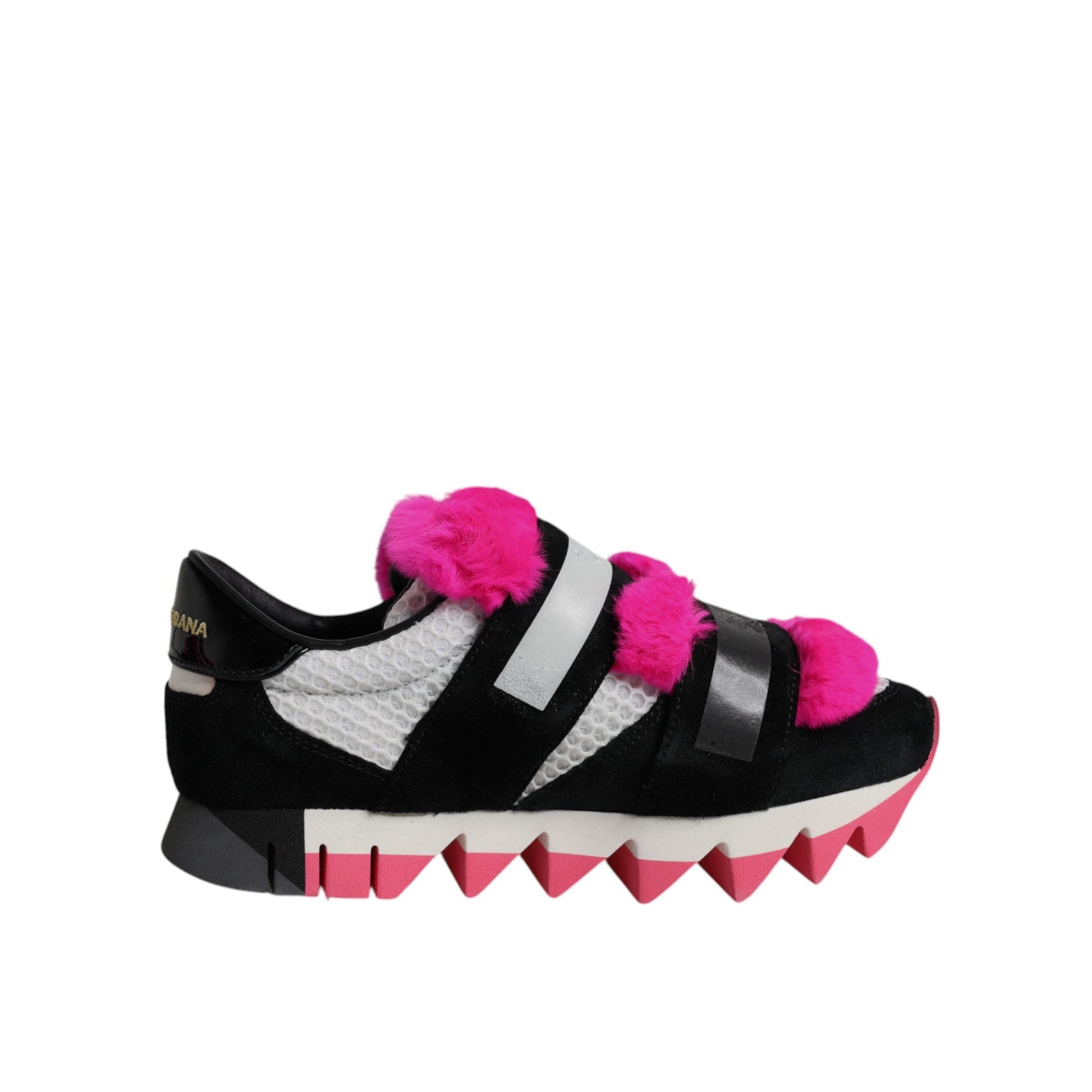 Dolce &amp; Gabbana Black Pink Fur Embellished Sneakers Shoes