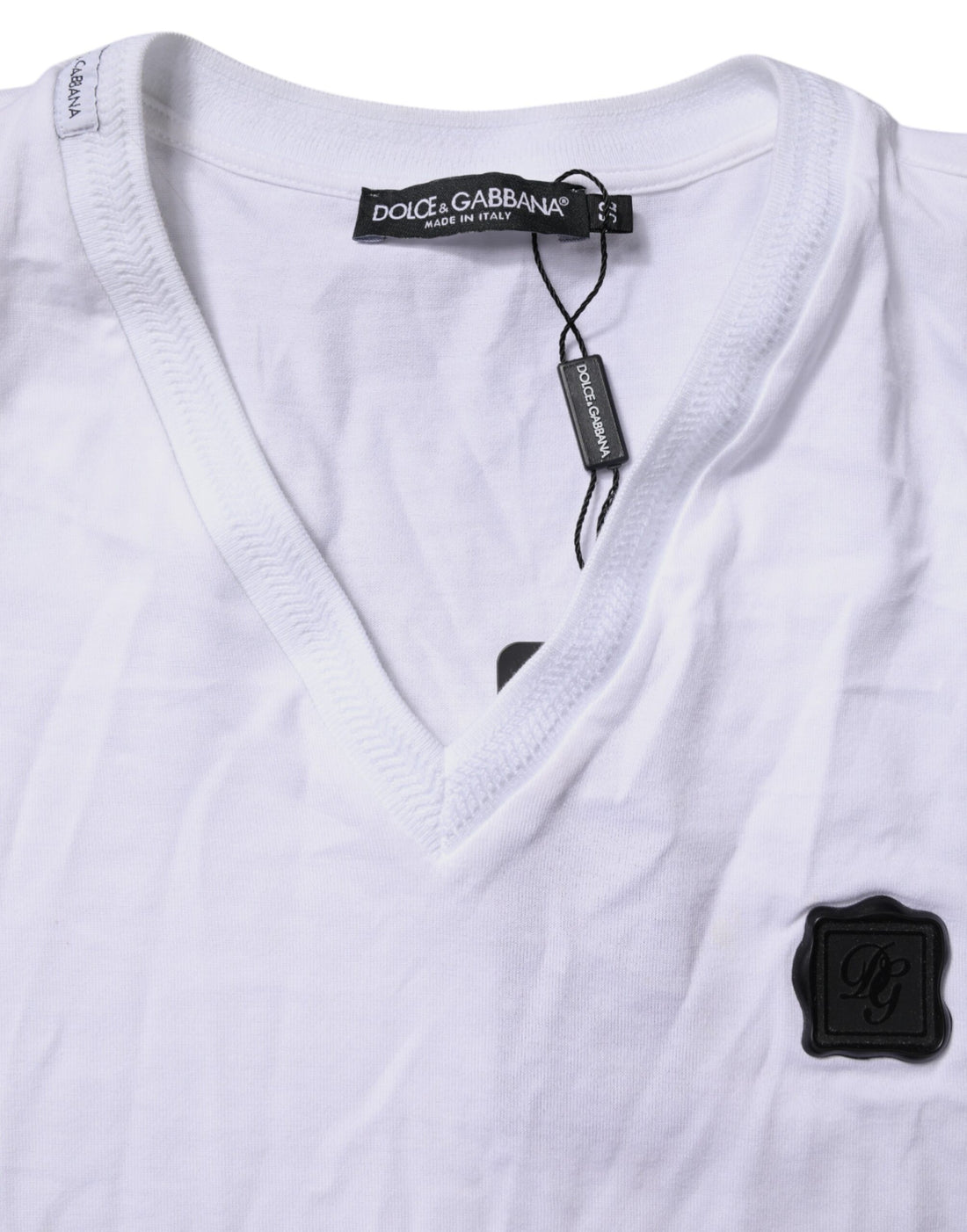 Dolce & Gabbana White Cotton Logo Patch V-neck Tee T-shirt