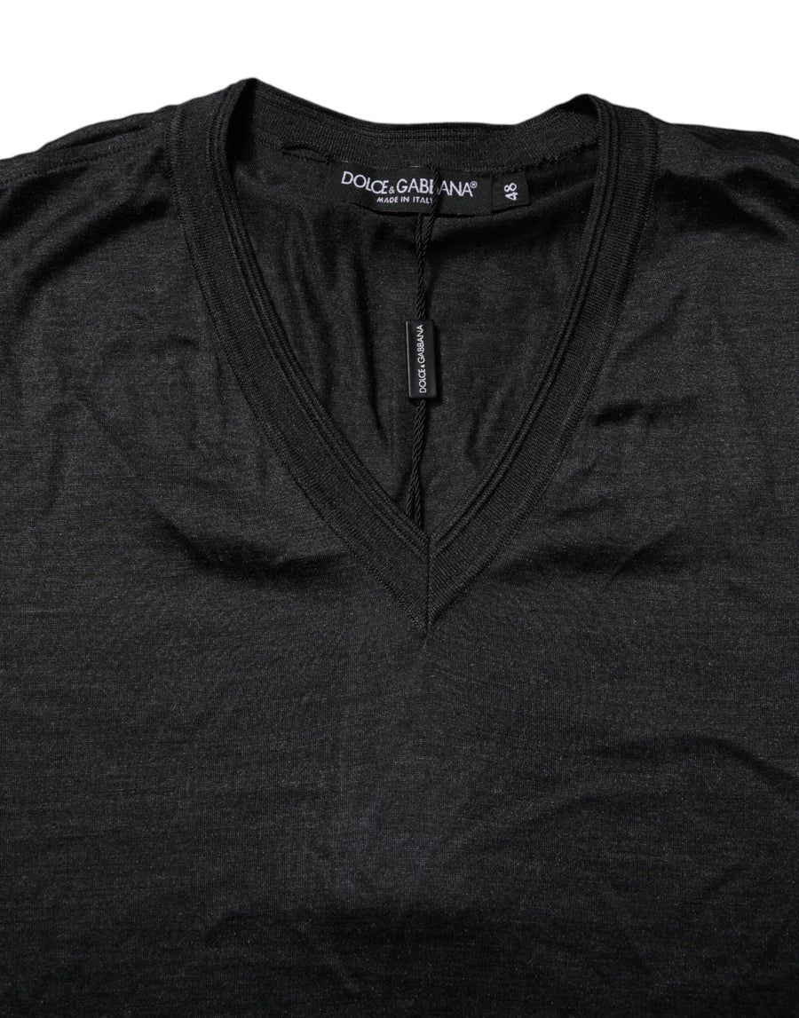 Dolce & Gabbana Dark Gray Silk V-neck Short Sleeves T-shirt