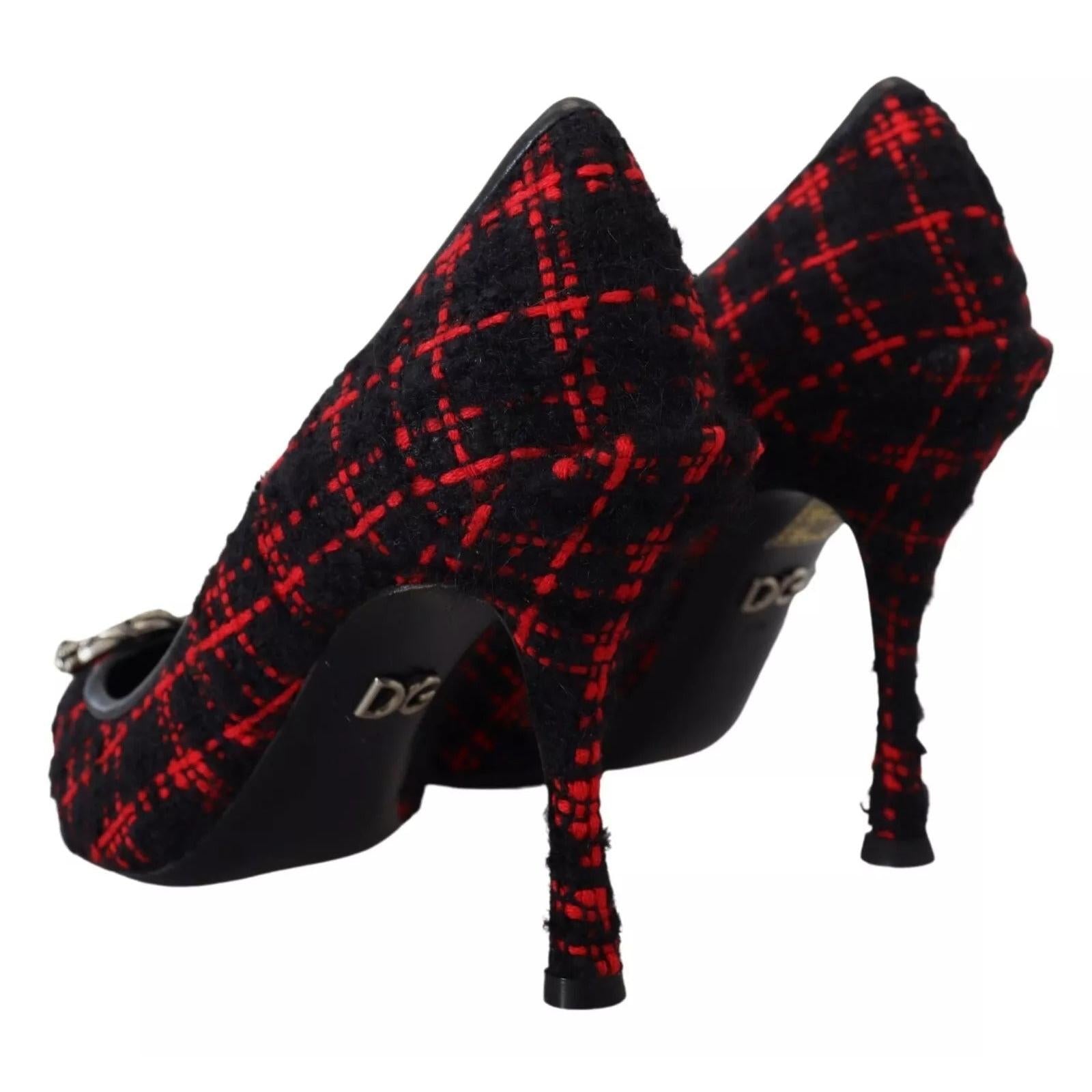 Dolce &amp; Gabbana Red Black Tweed DG Amore Heels Pumps Shoes