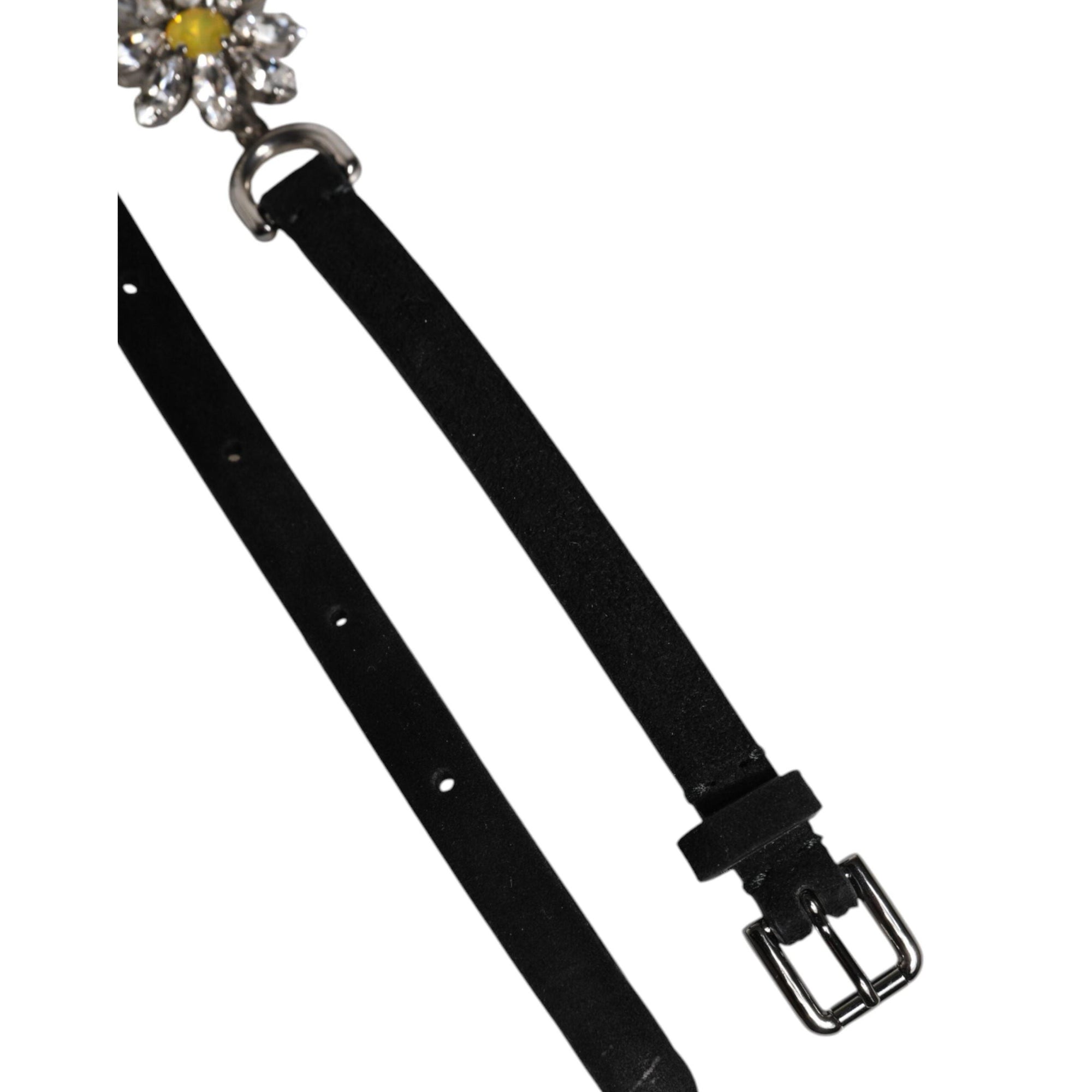 Dolce &amp; Gabbana Black Leather Daisy Crystal Embellish Waist Belt