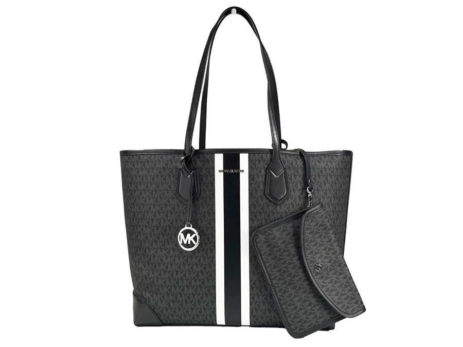 Michael Kors Eva Large Stripe Travel Tote Bag Plus Pouch Black
