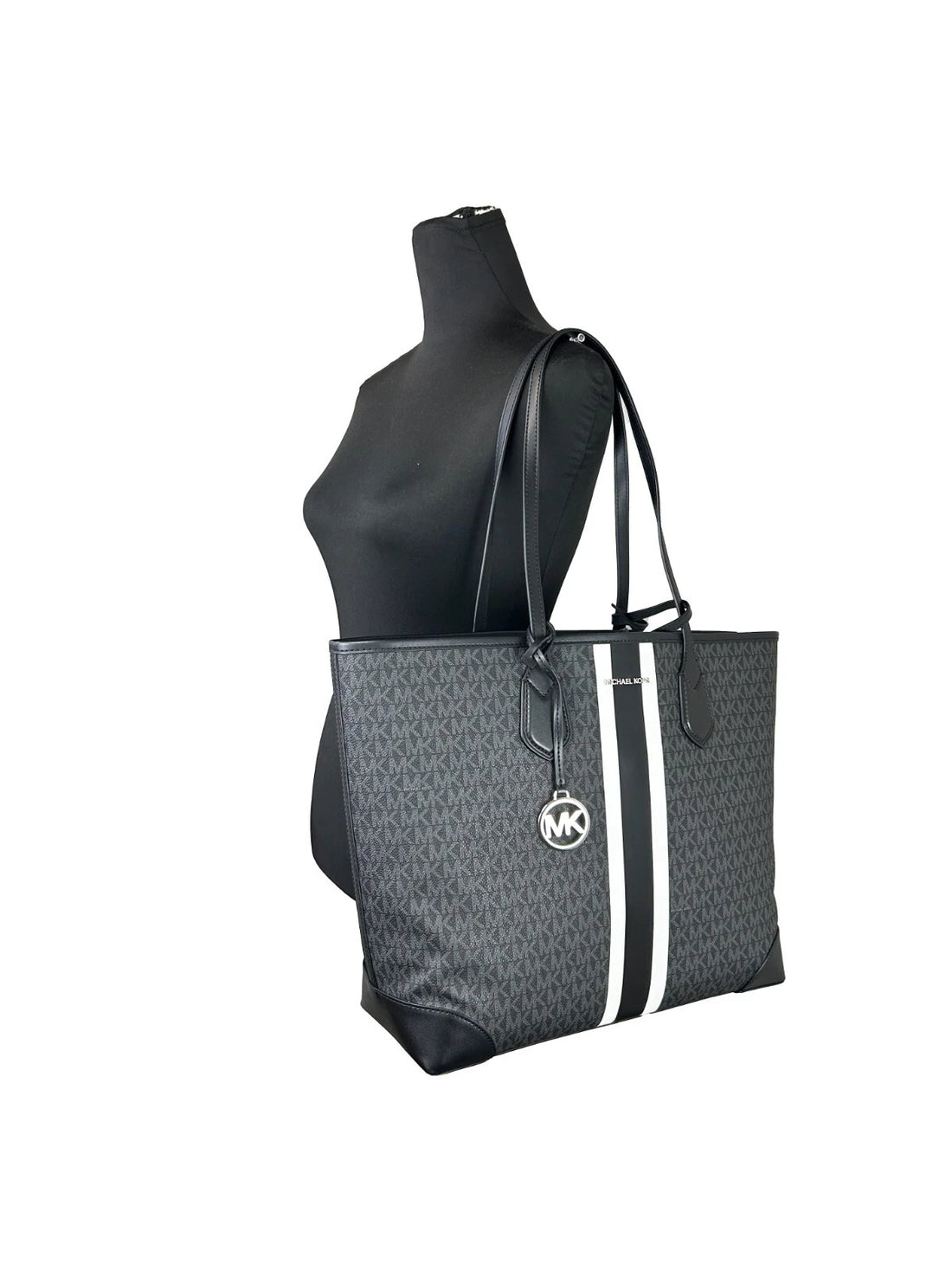Michael Kors Eva Large Stripe Travel Tote Bag Plus Pouch Black