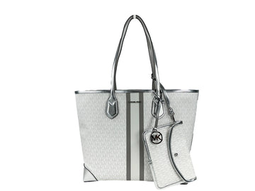 Michael Kors Eva Large Stripe Travel Tote Bag Plus Pouch White