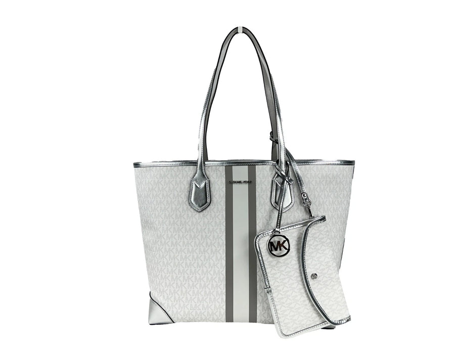 Michael Kors Eva Large Stripe Travel Tote Bag Plus Pouch White