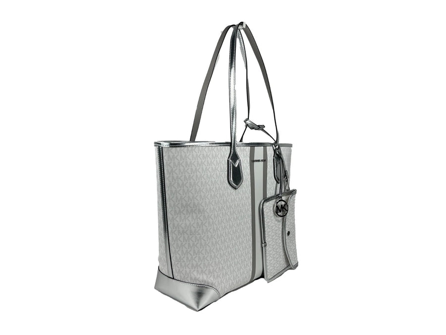Michael Kors Eva Large Stripe Travel Tote Bag Plus Pouch White