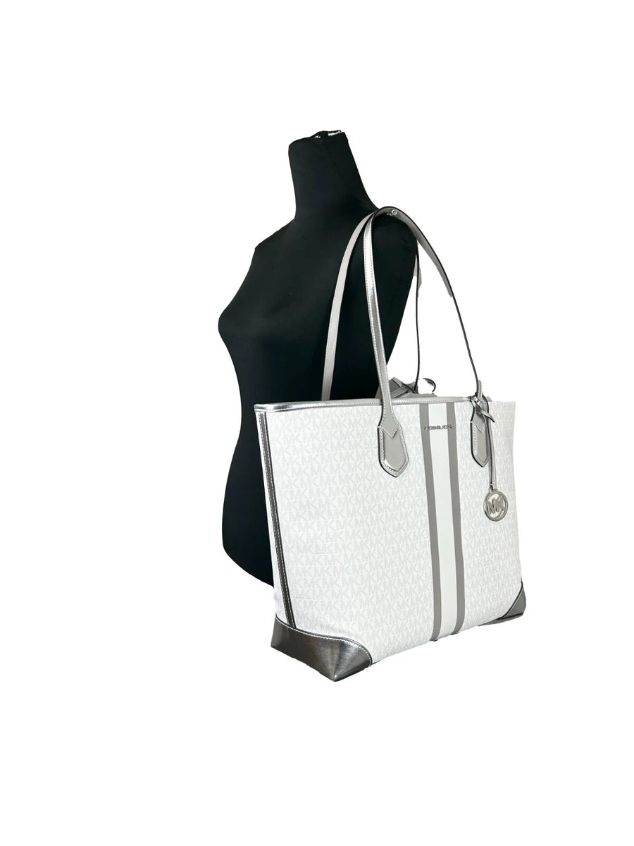 Michael Kors Eva Large Stripe Travel Tote Bag Plus Pouch White