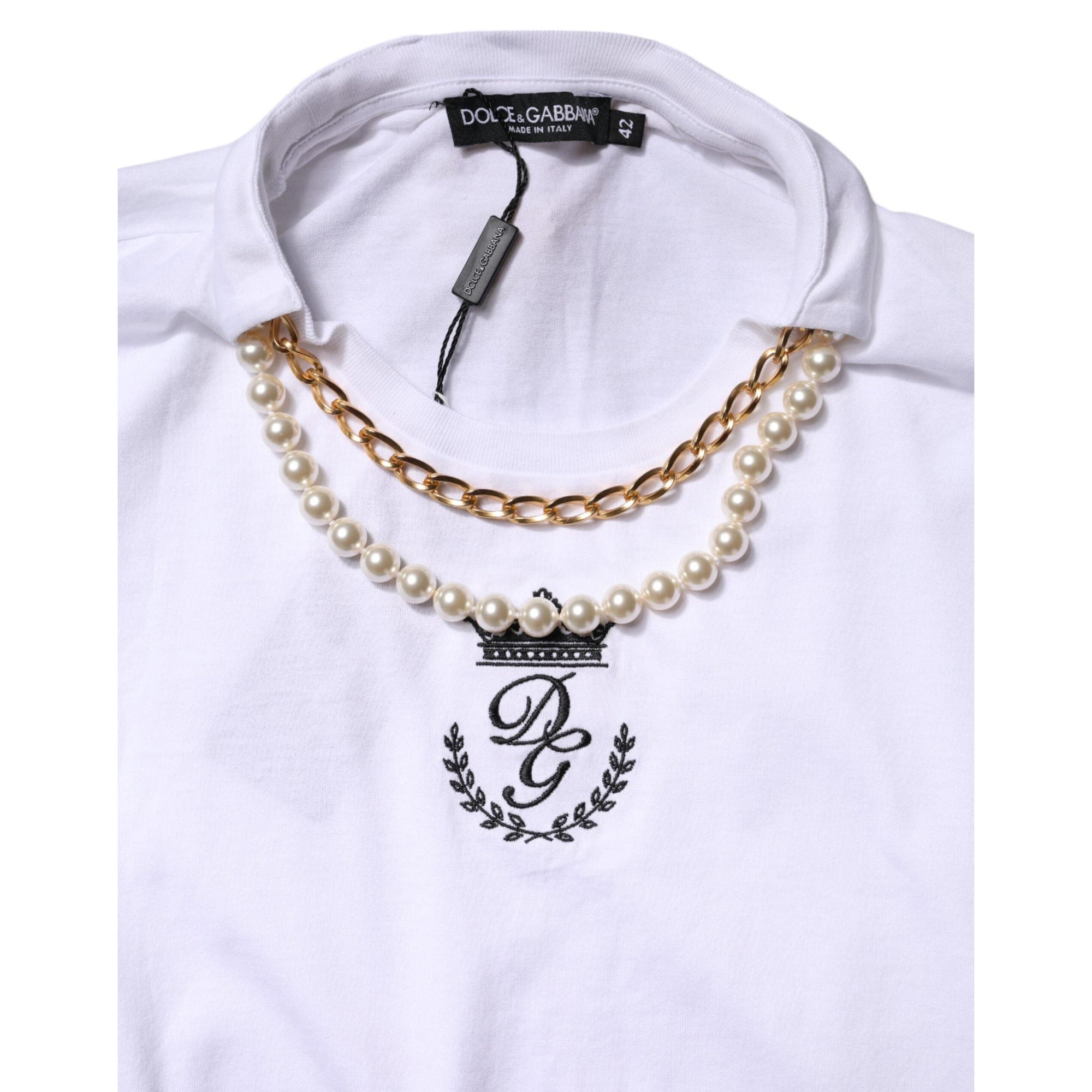 Dolce &amp; Gabbana White Chain Pearl Cotton Round Neck T-shirt