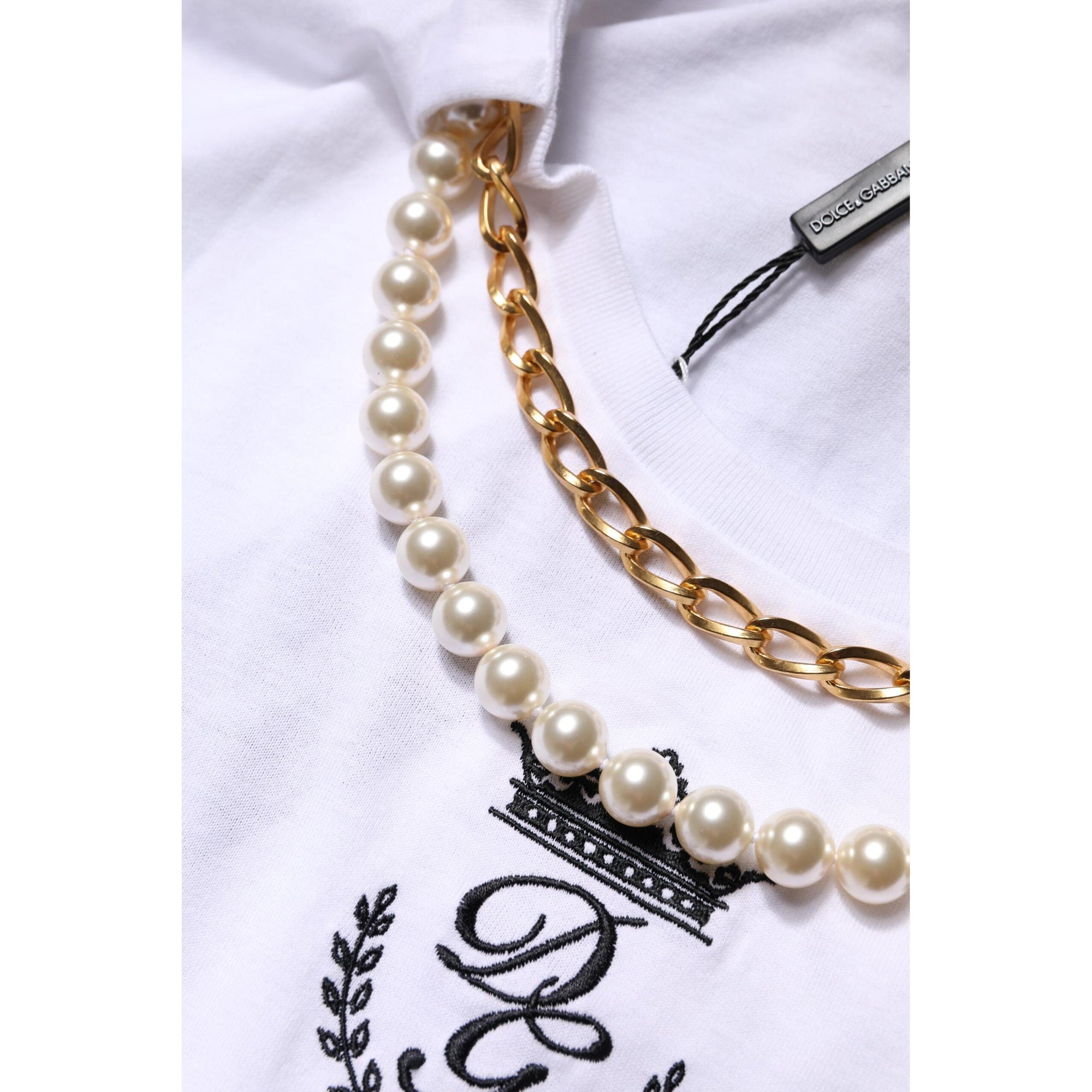 Dolce &amp; Gabbana White Chain Pearl Cotton Round Neck T-shirt