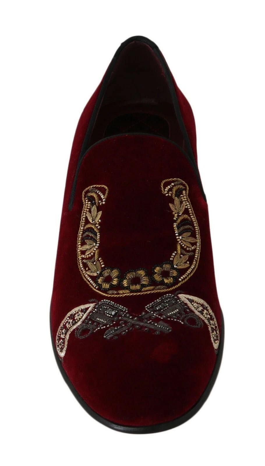Dolce &amp; Gabbana Bordeaux Velvet Sequined Men&#39;s Loafers