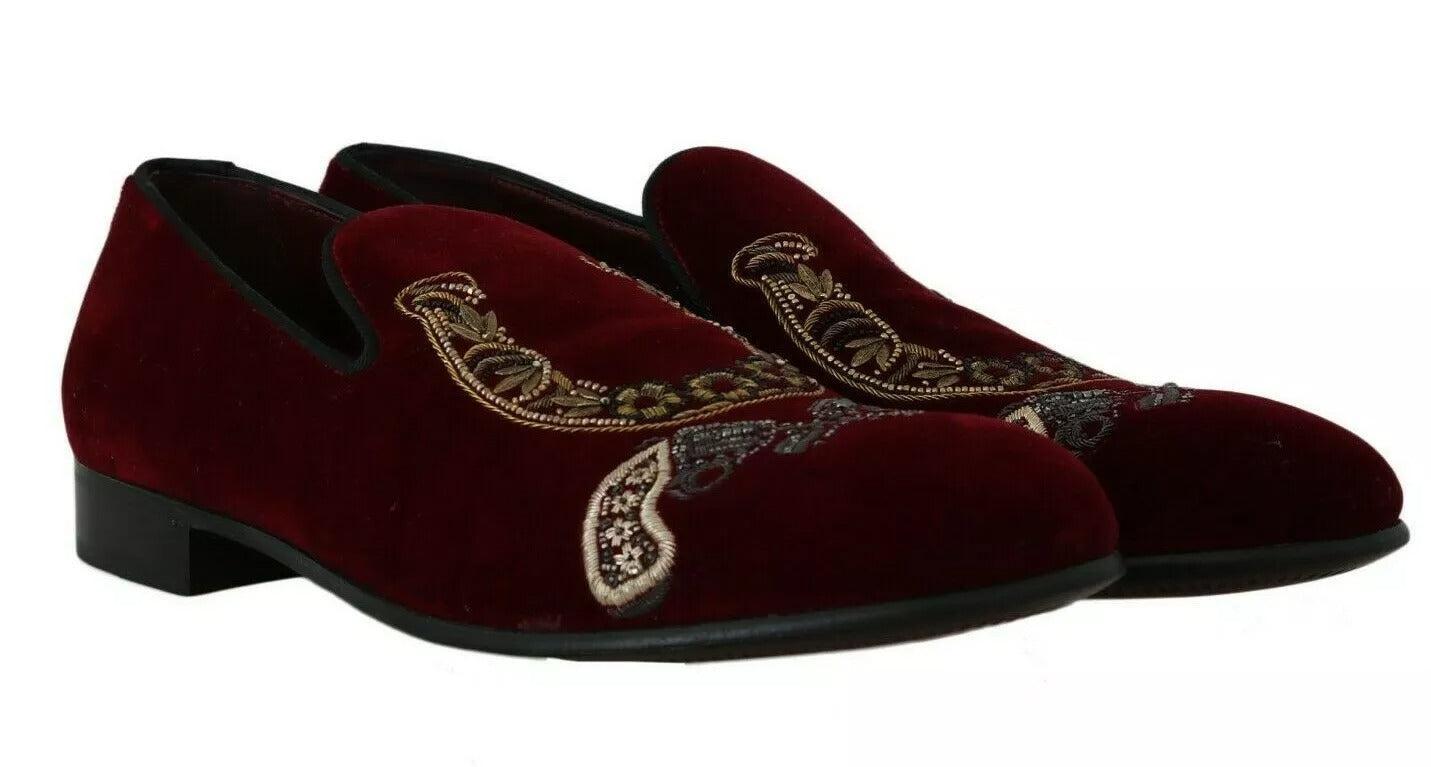 Dolce &amp; Gabbana Bordeaux Velvet Sequined Men&#39;s Loafers