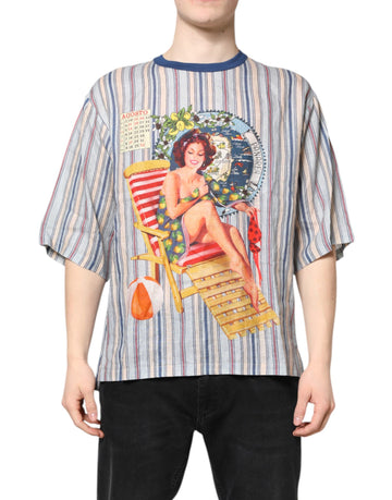 Dolce & Gabbana Multicolor Striped Pin Up Linen Round Neck T-shirt