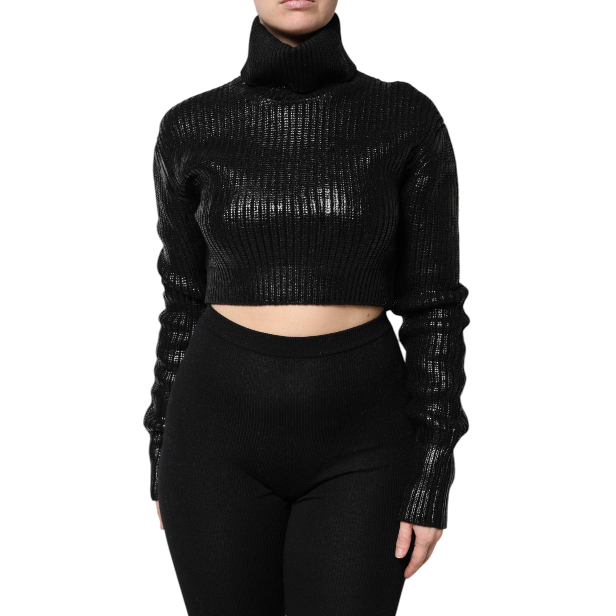 Dolce &amp; Gabbana Black Wool Long Sleeve Turtleneck Cropped Top