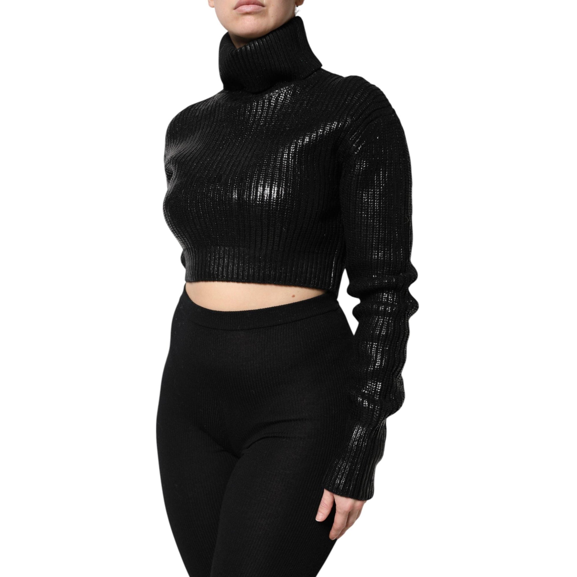Dolce &amp; Gabbana Black Wool Long Sleeve Turtleneck Cropped Top