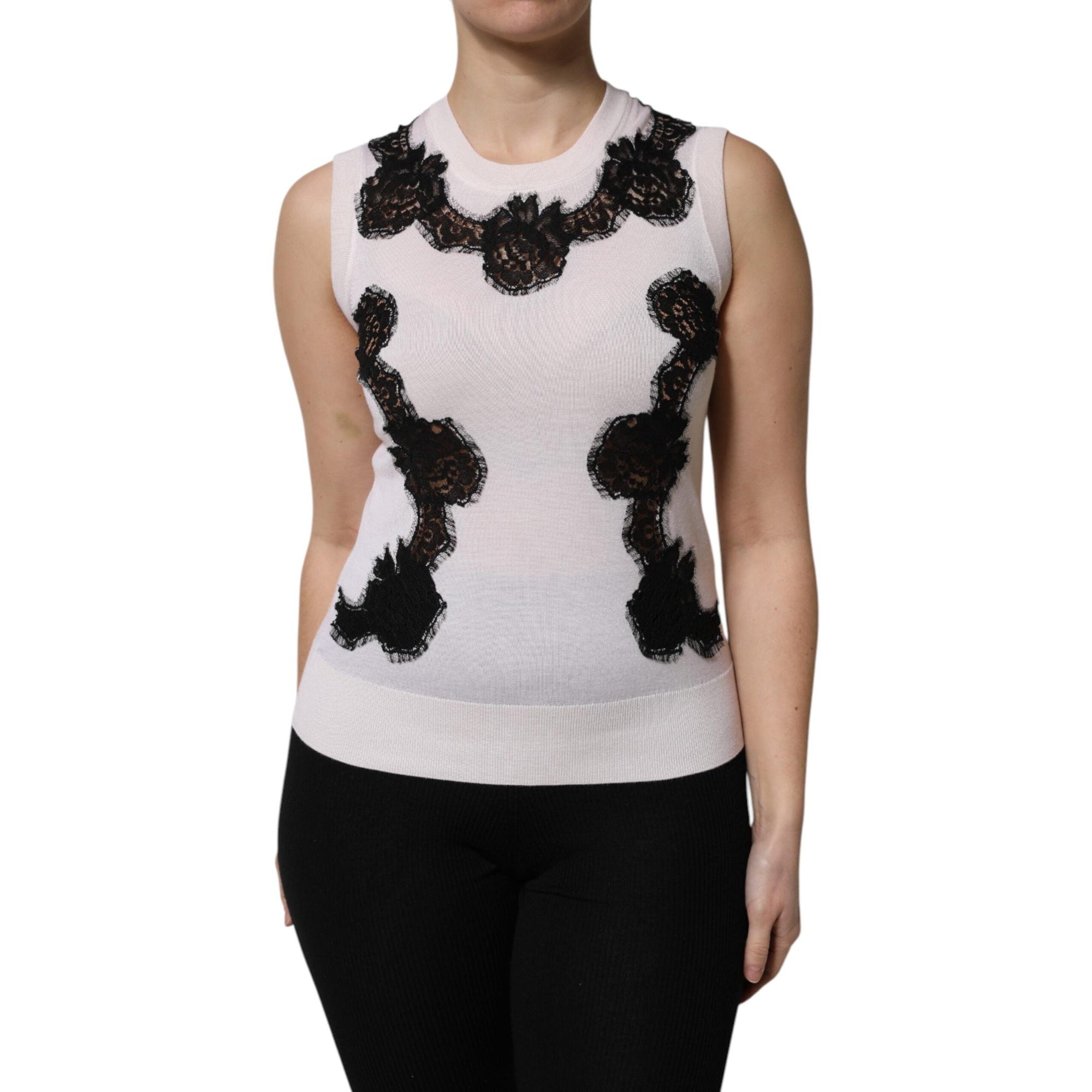 Dolce &amp; Gabbana White Cashmere Floral Lace Detailing Tank Top