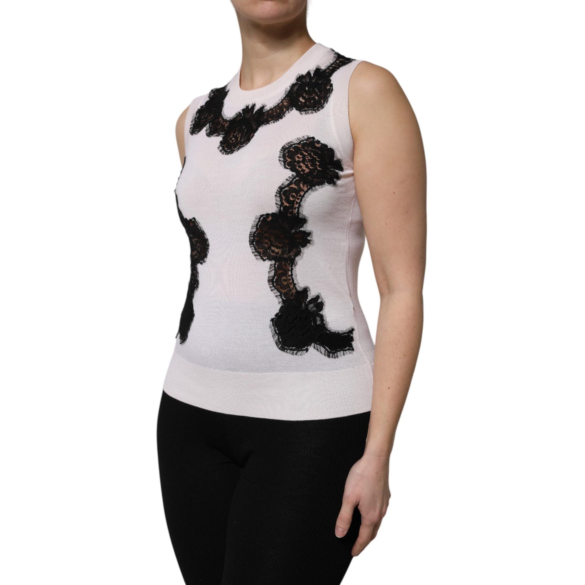 Dolce &amp; Gabbana White Cashmere Floral Lace Detailing Tank Top
