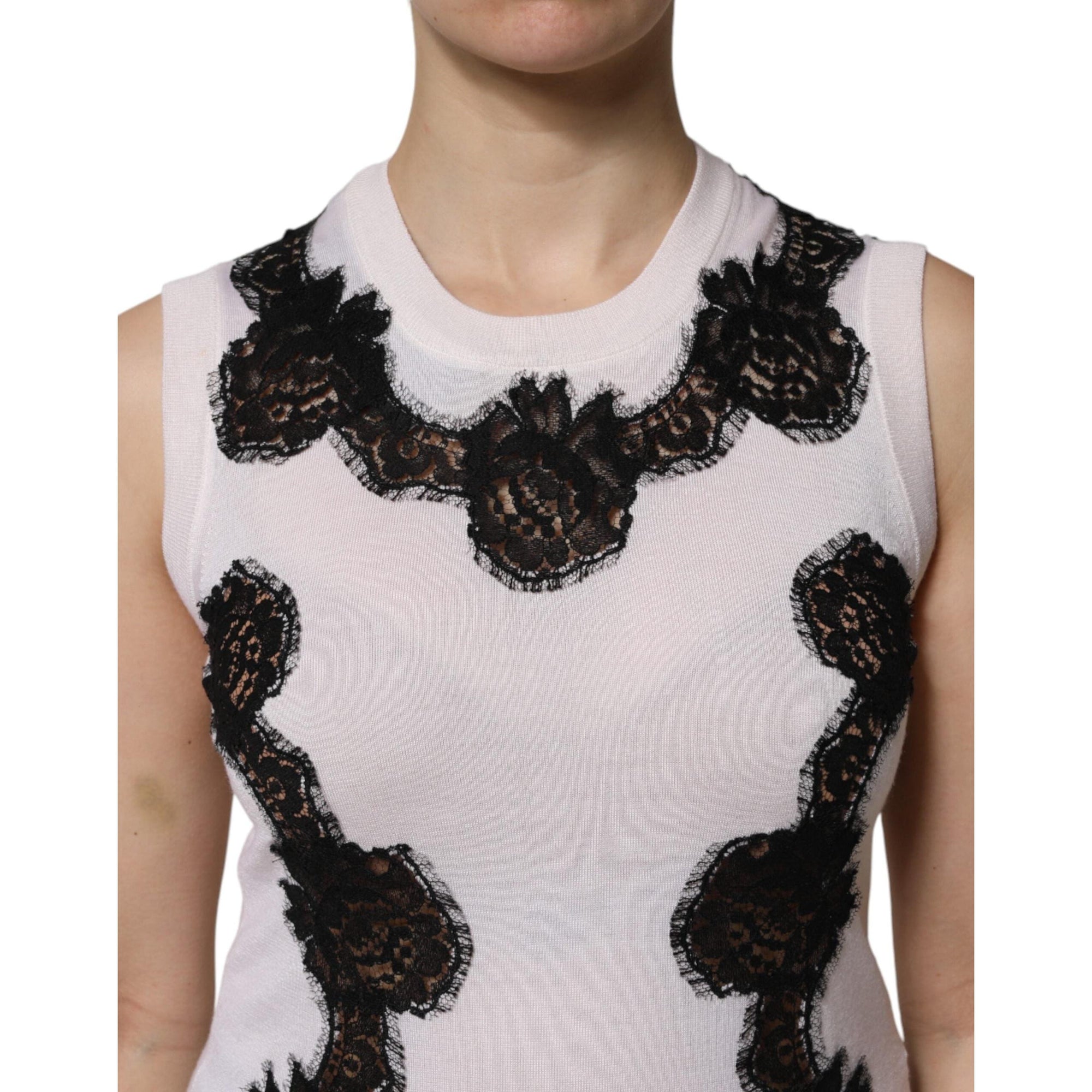 Dolce &amp; Gabbana White Cashmere Floral Lace Detailing Tank Top