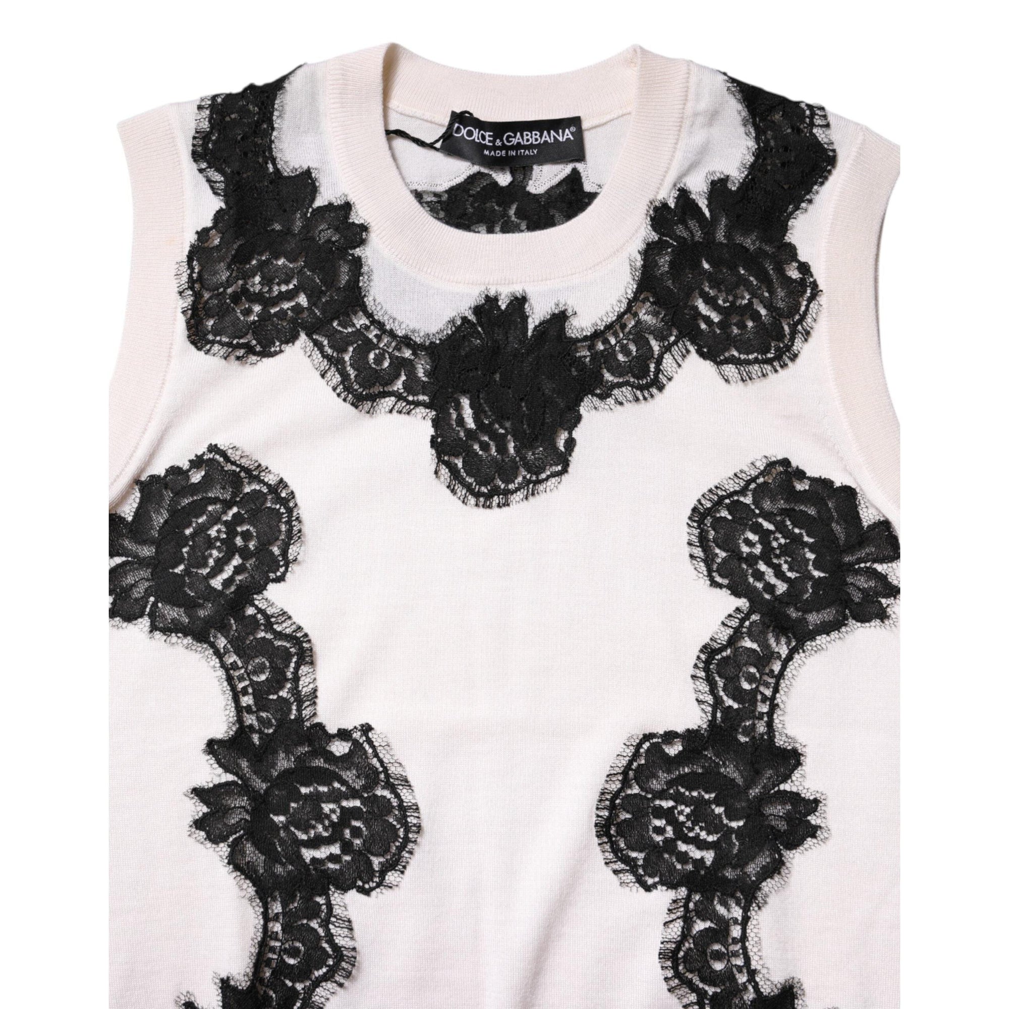 Dolce &amp; Gabbana White Cashmere Floral Lace Detailing Tank Top