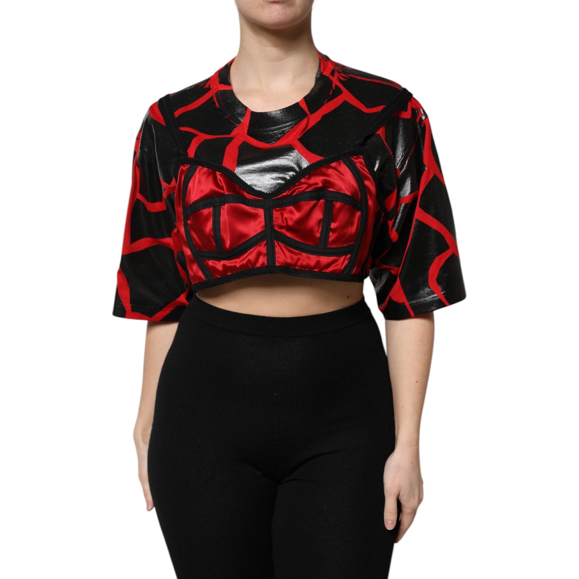 Dolce &amp; Gabbana Red Black Cotton Bustier Detailing Cropped Top