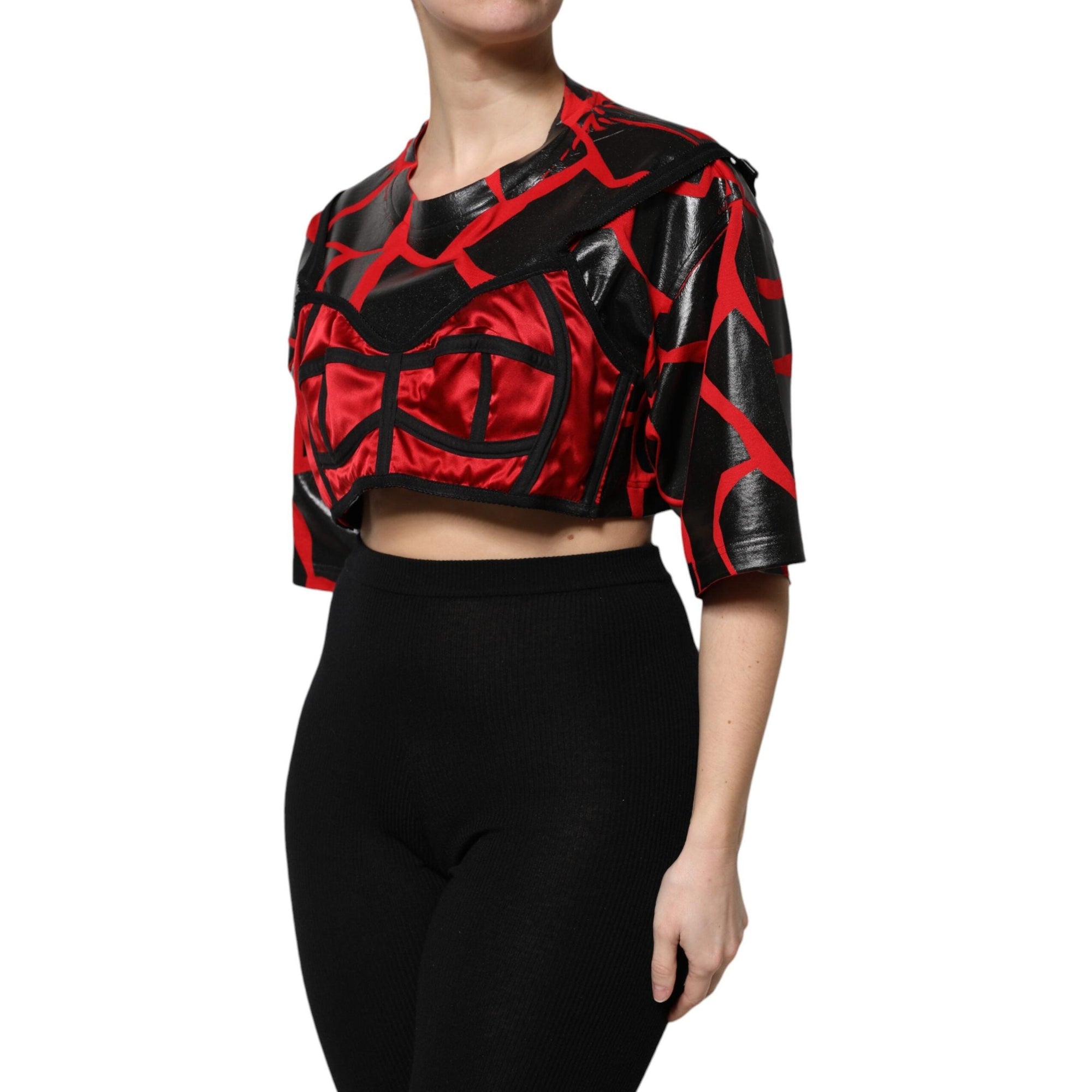 Dolce &amp; Gabbana Red Black Cotton Bustier Detailing Cropped Top