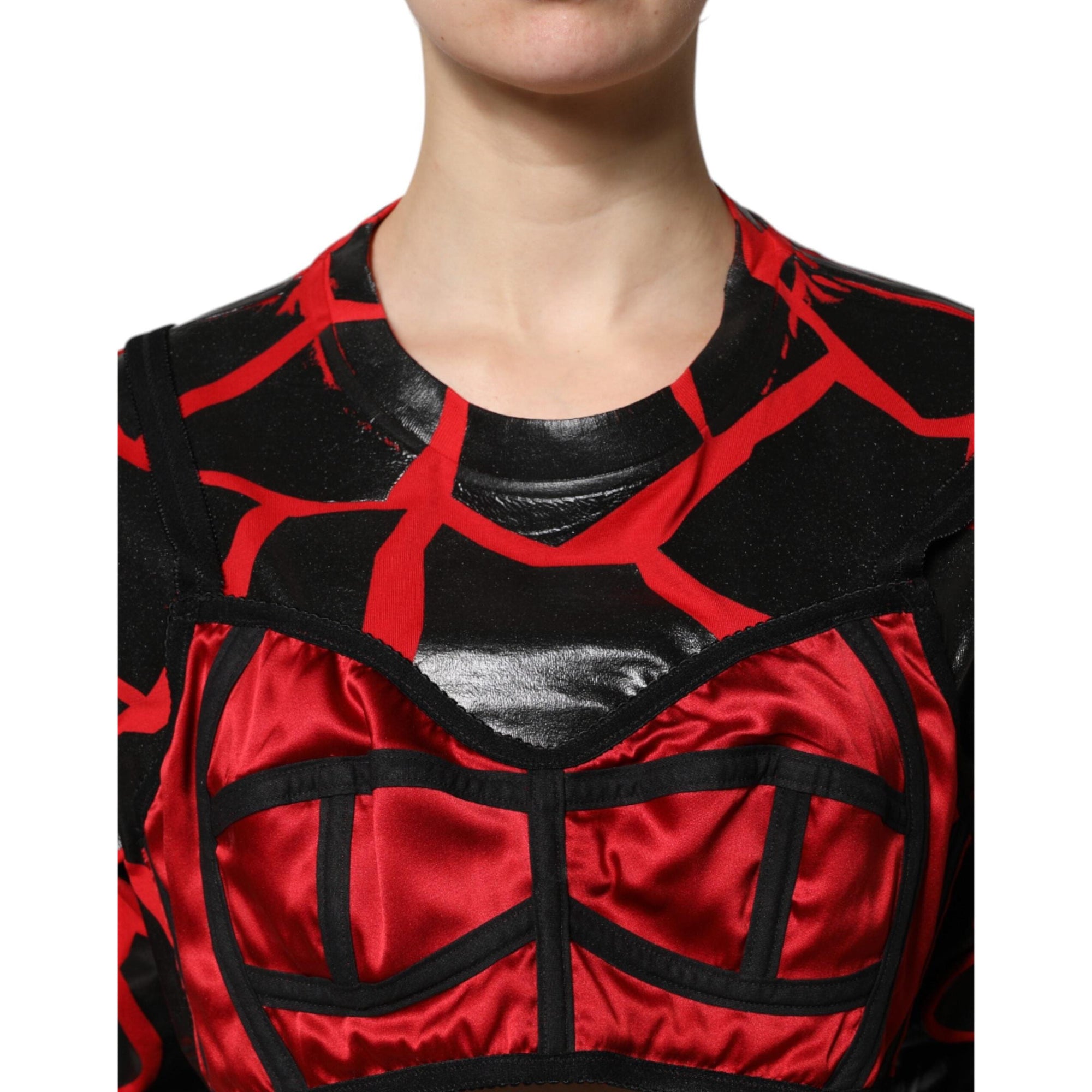 Dolce &amp; Gabbana Red Black Cotton Bustier Detailing Cropped Top