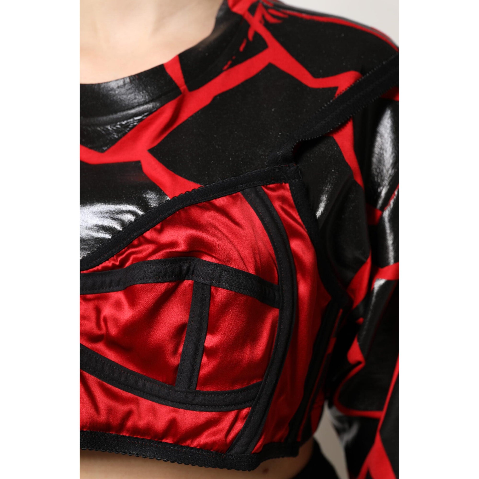 Dolce &amp; Gabbana Red Black Cotton Bustier Detailing Cropped Top