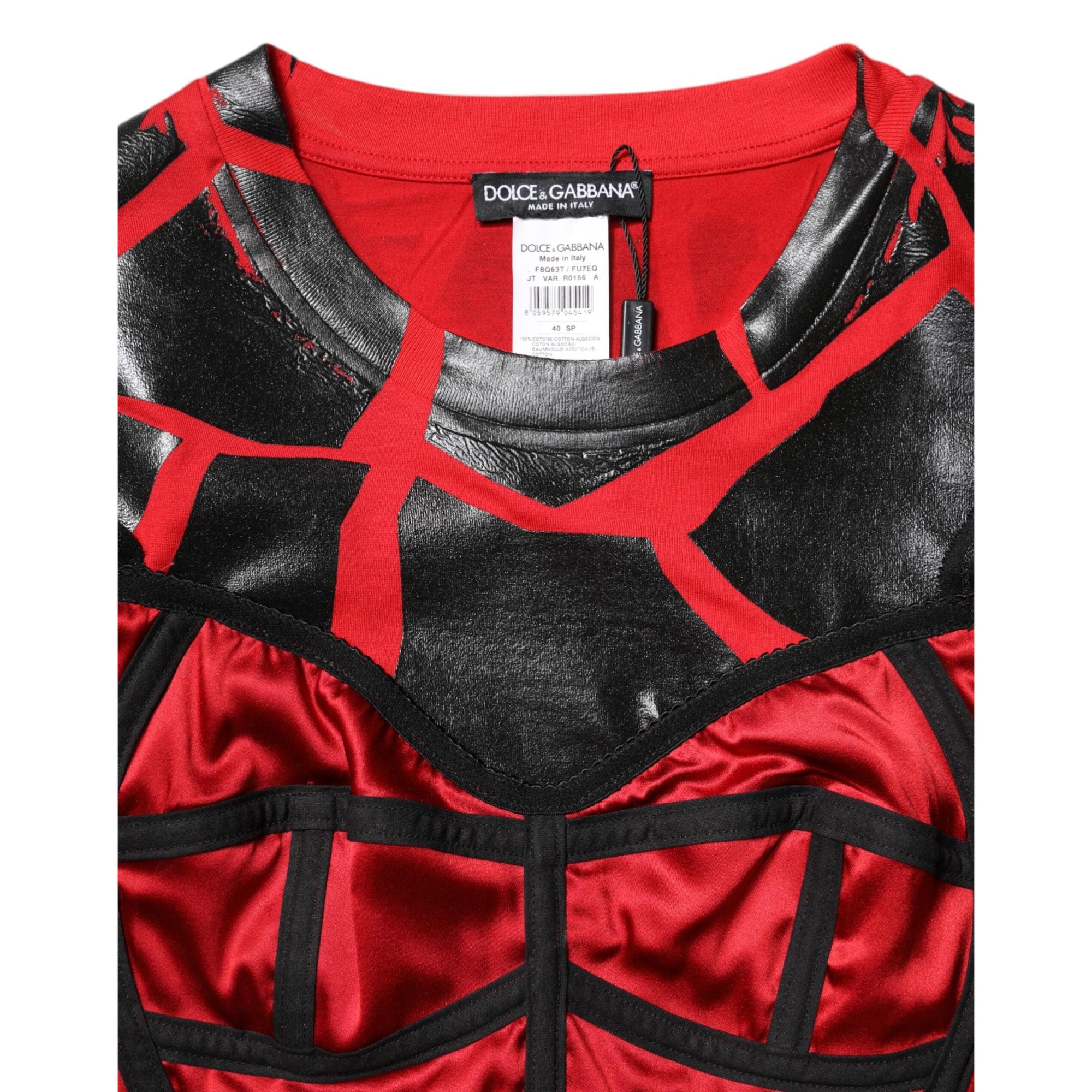 Dolce &amp; Gabbana Red Black Cotton Bustier Detailing Cropped Top