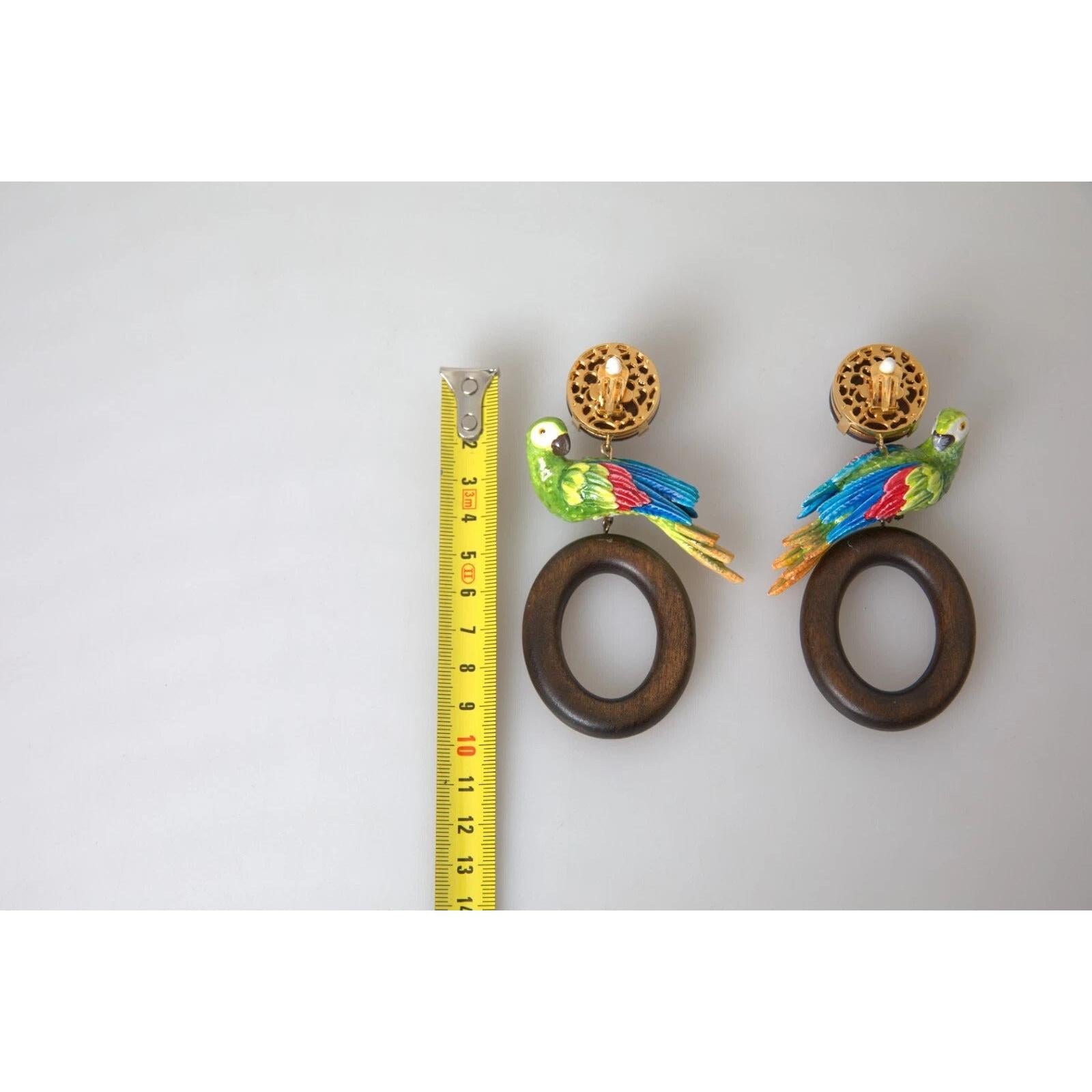 Dolce &amp; Gabbana Multicolor Parrot Wood Brass Crystal Embellished Earrings