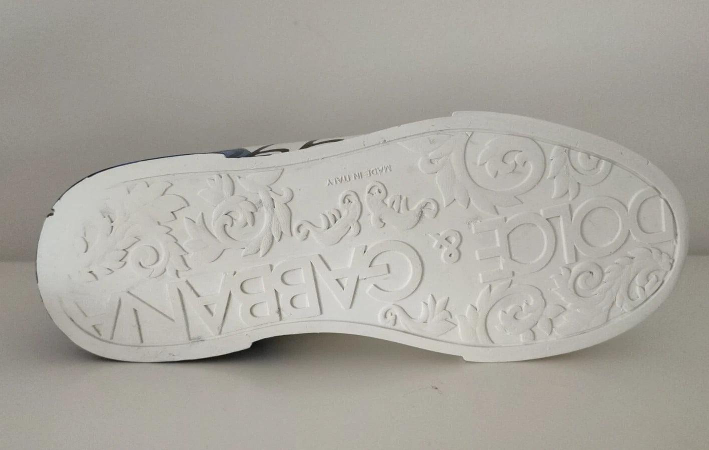 Dolce &amp; Gabbana White Blue Leather Logo Low Top Sneakers Shoes