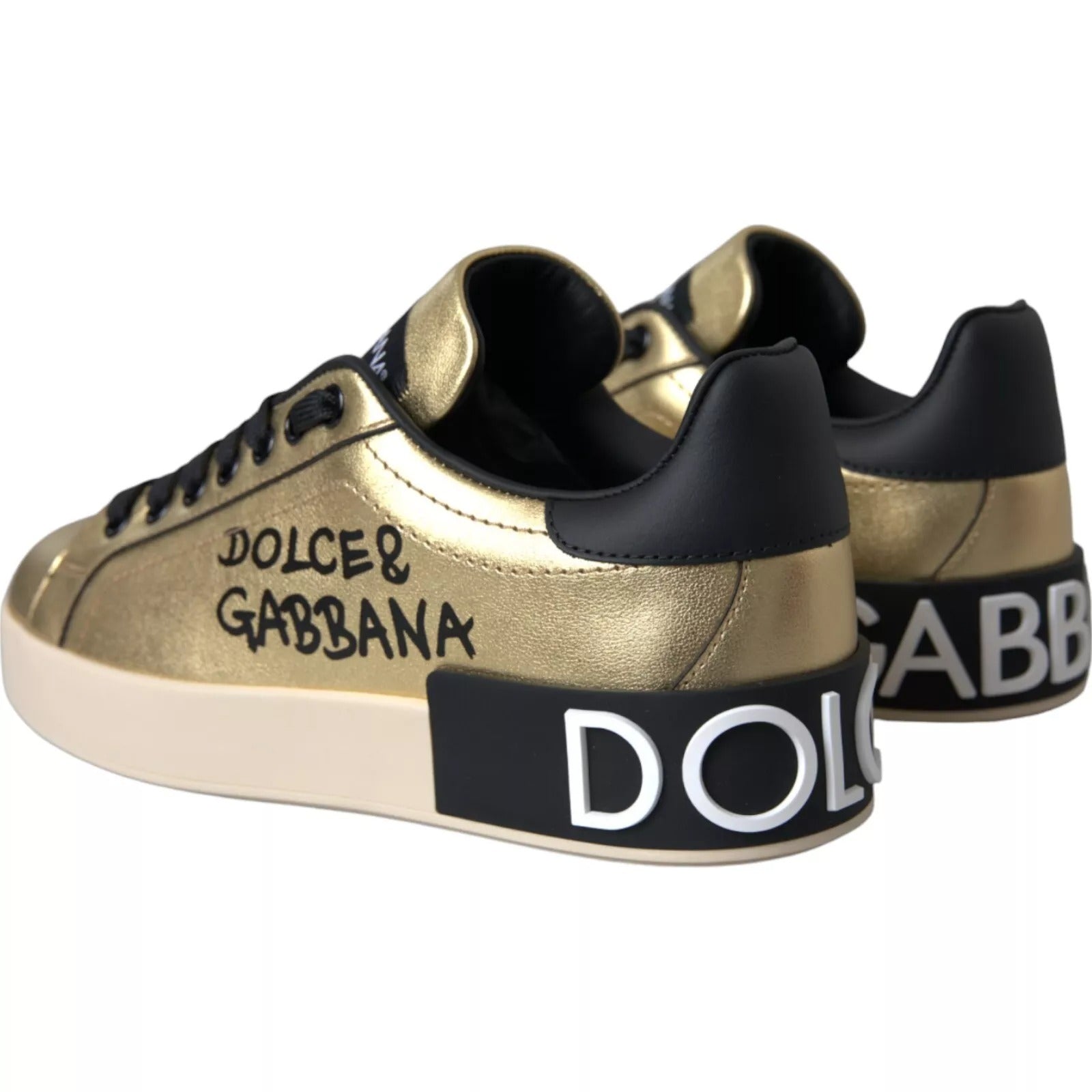 Dolce &amp; Gabbana Gold Portofino Calf Leather Low Top Sneakers Shoes
