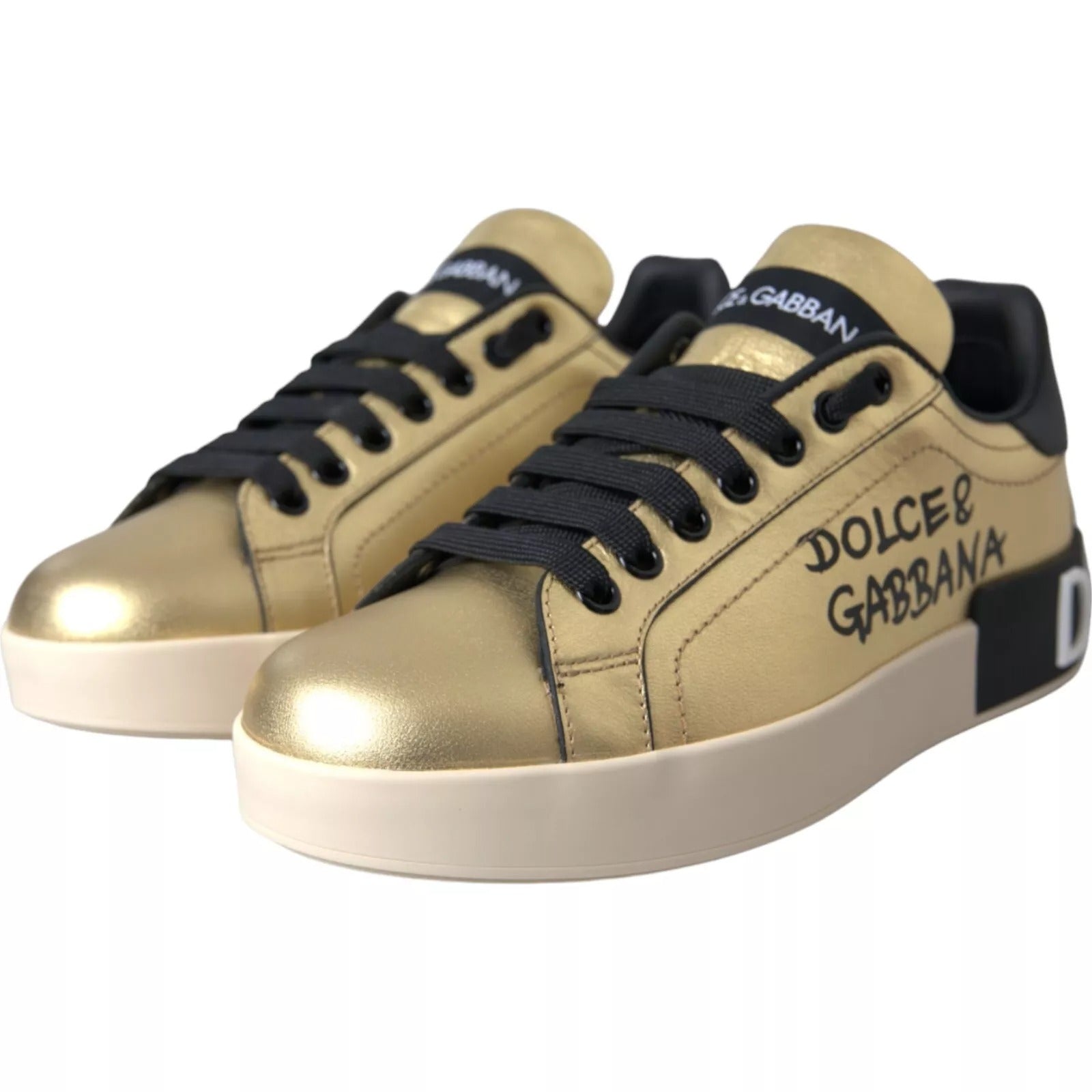 Dolce &amp; Gabbana Gold Portofino Calf Leather Low Top Sneakers Shoes