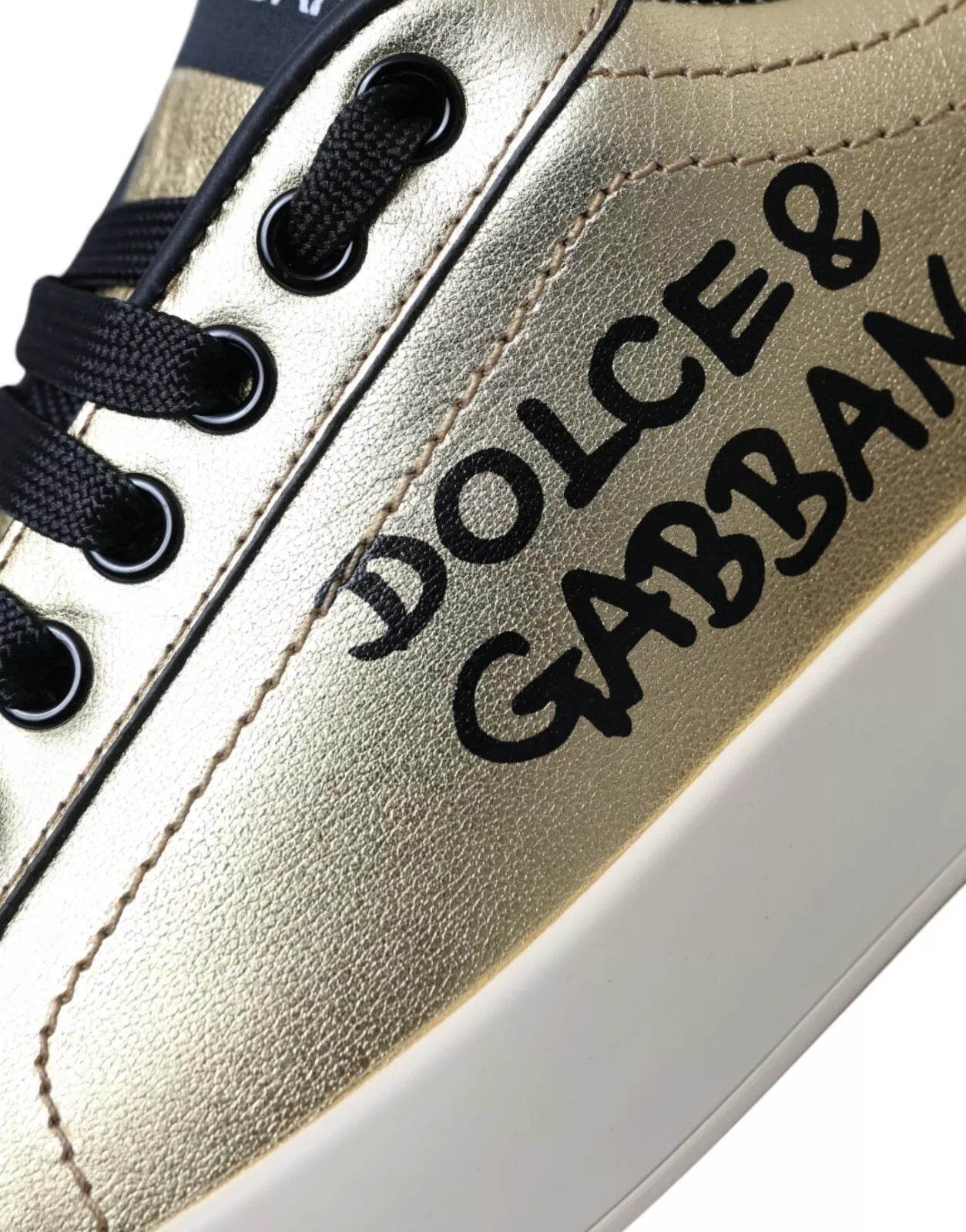 Dolce &amp; Gabbana Gold Portofino Calf Leather Low Top Sneakers Shoes