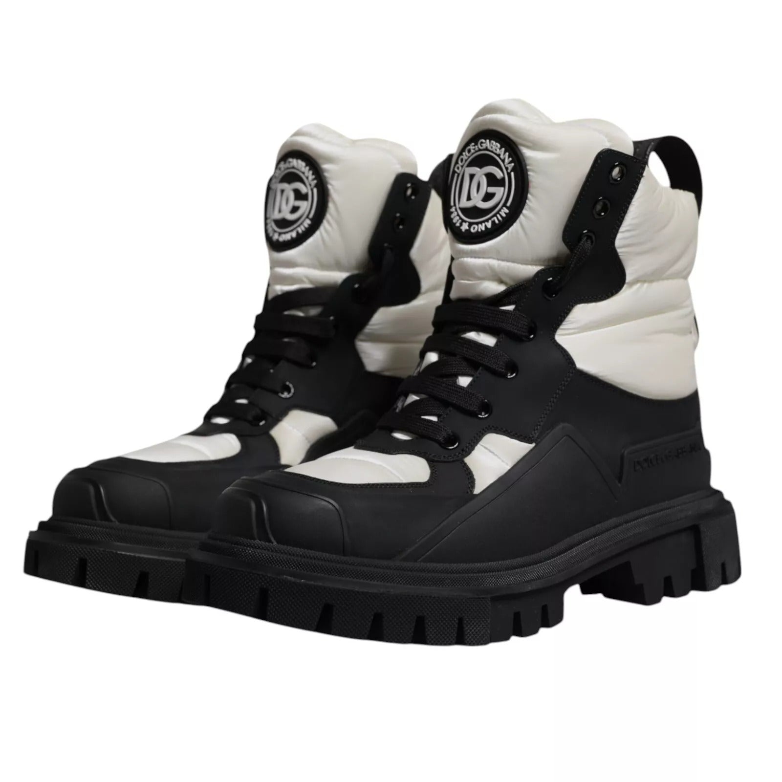 Dolce &amp; Gabbana Black White Padded Mid Calf Lace Up Boots Shoes