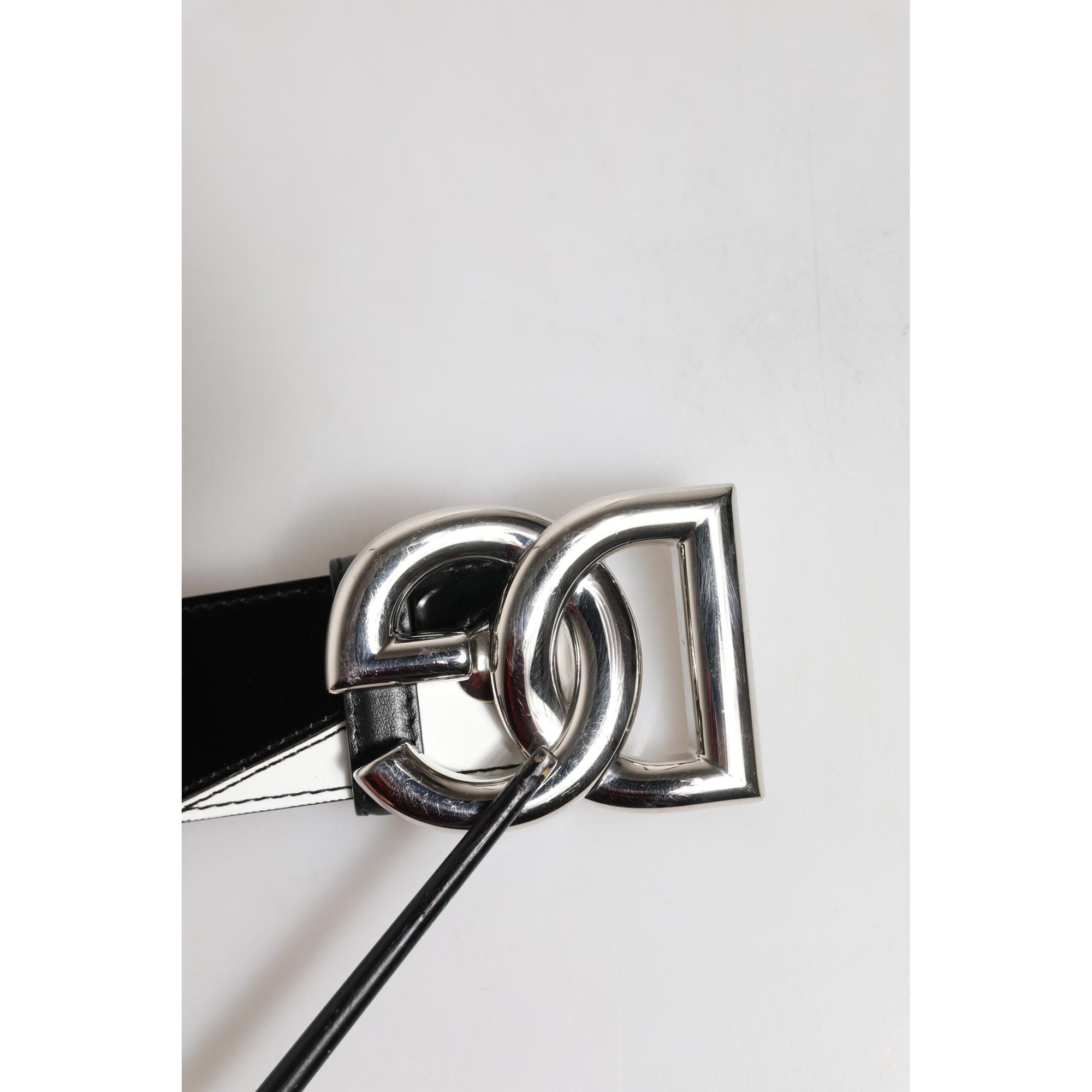 Dolce &amp; Gabbana Black White Leather DG Metal Buckle Belt