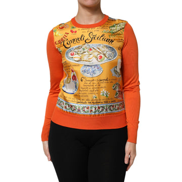 Dolce & Gabbana Orange Cannoli Sicilian Silk Crew Neck Top