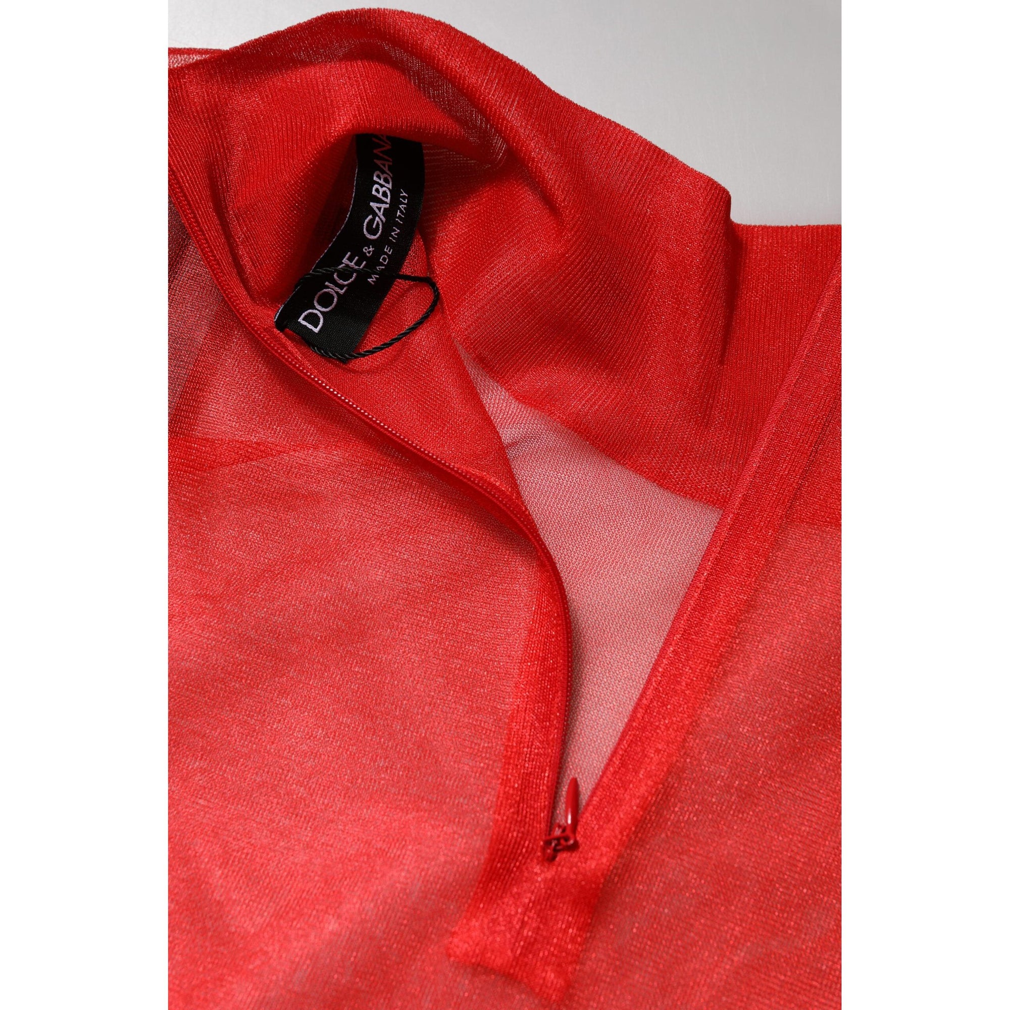 Dolce &amp; Gabbana Red Tulle Turtleneck Long Sleeve Blouse Top