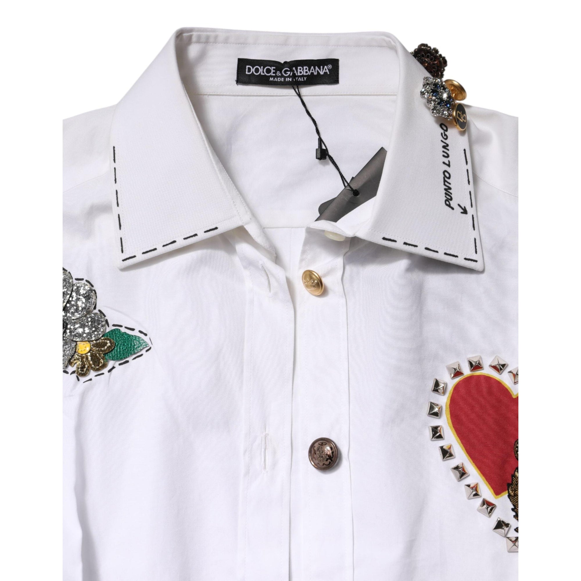 Dolce &amp; Gabbana White Cotton Floral Embellished Shirt Top