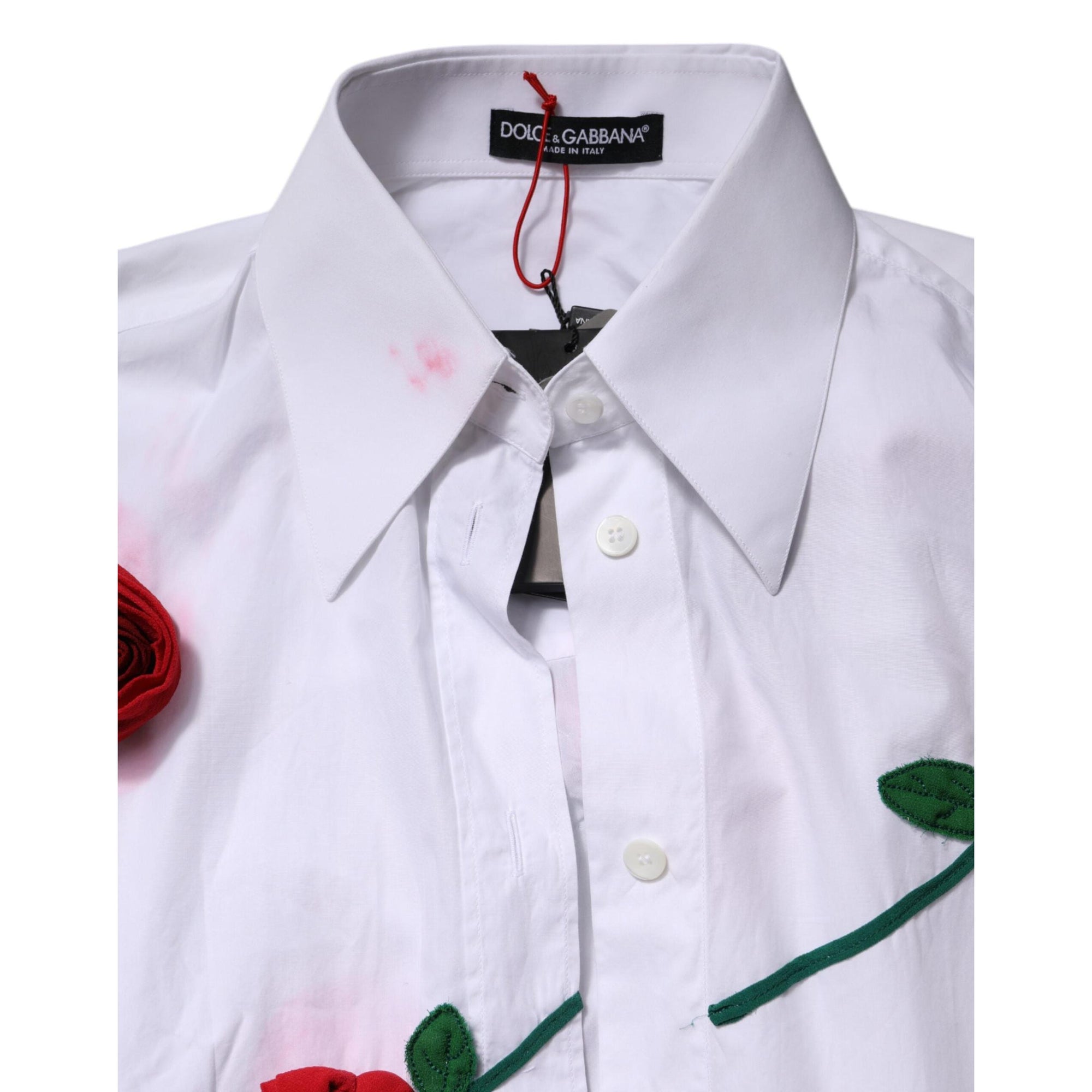 Dolce &amp; Gabbana White Cotton Floral Appliques Dress Shirt Top