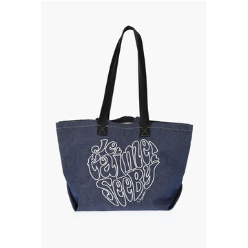 Chloé SEE BY Denim Tote Bag with Embossed Embroidery