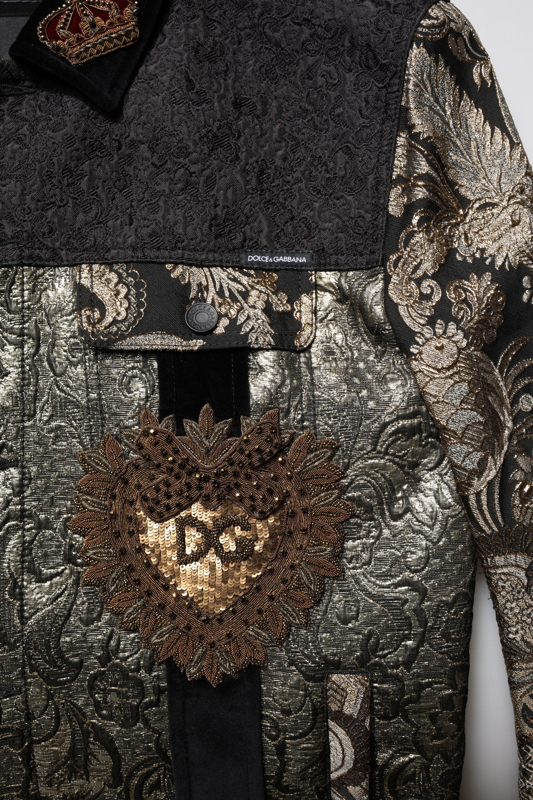 Dolce &amp; Gabbana Black Gold Floral Jacquard Men Biker Jacket