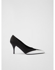 Prada Black Satin And Metallic Silver Leather Pumps