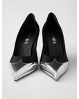 Prada Black Satin And Metallic Silver Leather Pumps