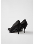 Prada Black Satin And Metallic Silver Leather Pumps