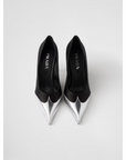 Prada Black Satin And Metallic Silver Leather Pumps