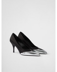 Prada Black Satin And Metallic Silver Leather Pumps