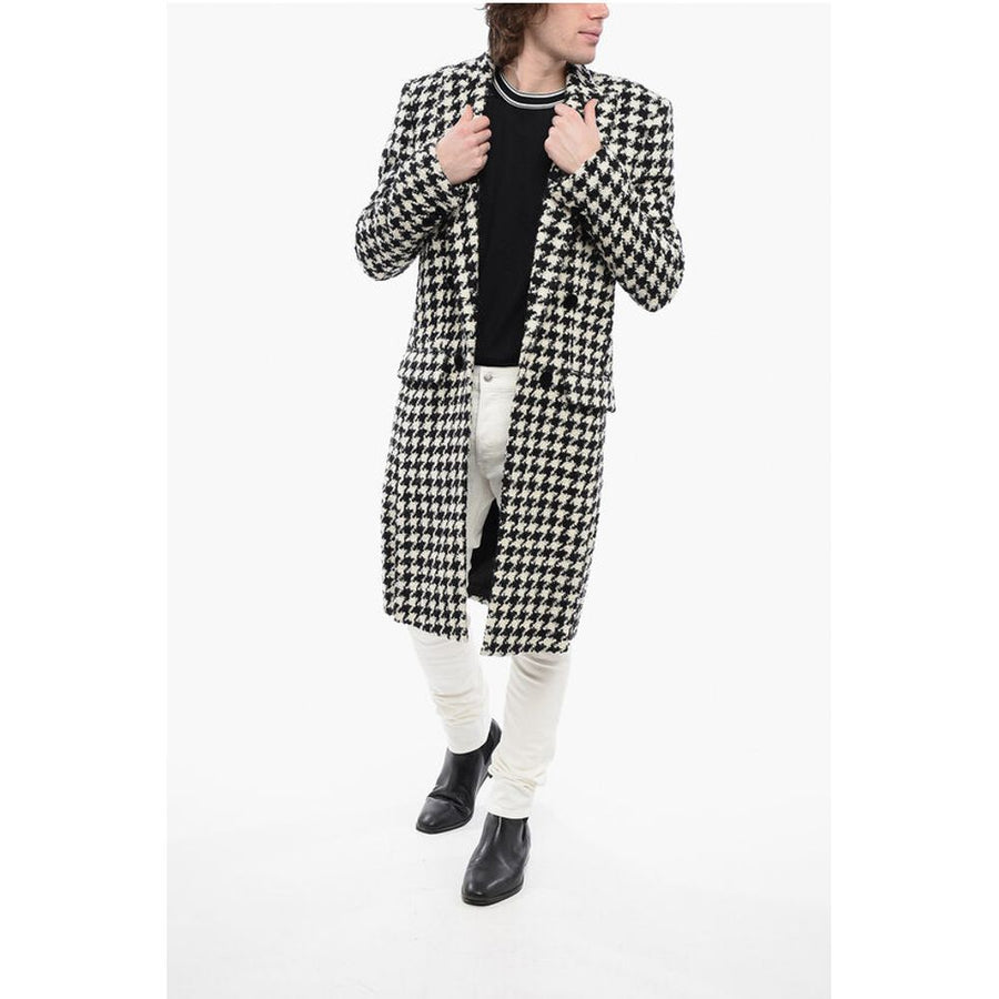 Balmain Houndstooth Patterned Tweed Coat with Velour Buttons